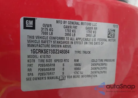 2013 Chevrolet Silverado 1500 Lt z USA, uszkodzony, nr VIN 1GCRKSE73DZ248084